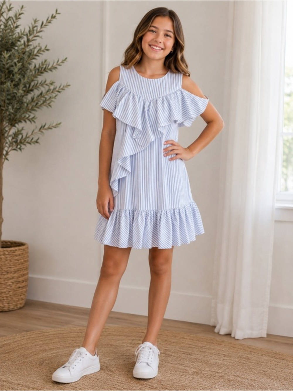Habitual Girl Striped Ruffled White Navy Dress Girls Size 14